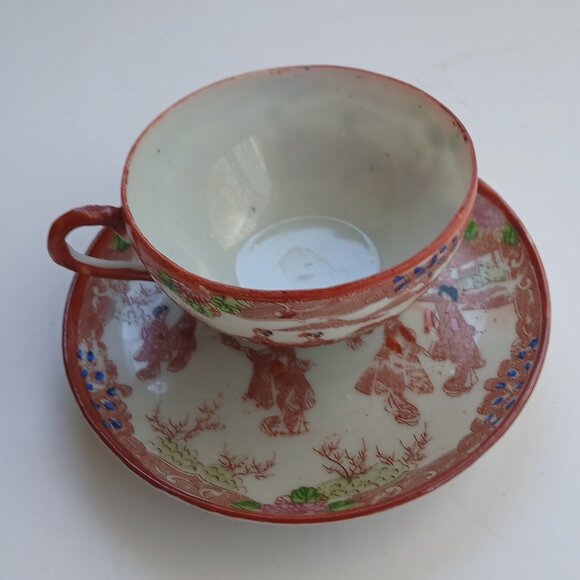 Antique Eggshell Thin Porcelain Hand-painted Geisha Japan 2 Cups with Saucers - Picture 12 of 16